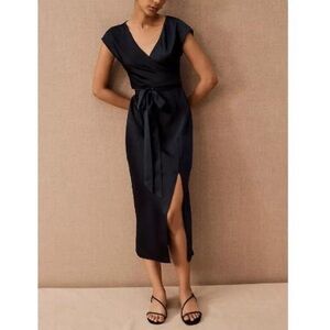 BHLDN Satin Wrap Front Midi Dress Navy Blue Size 4 Louisa Wedding Guest Neutral